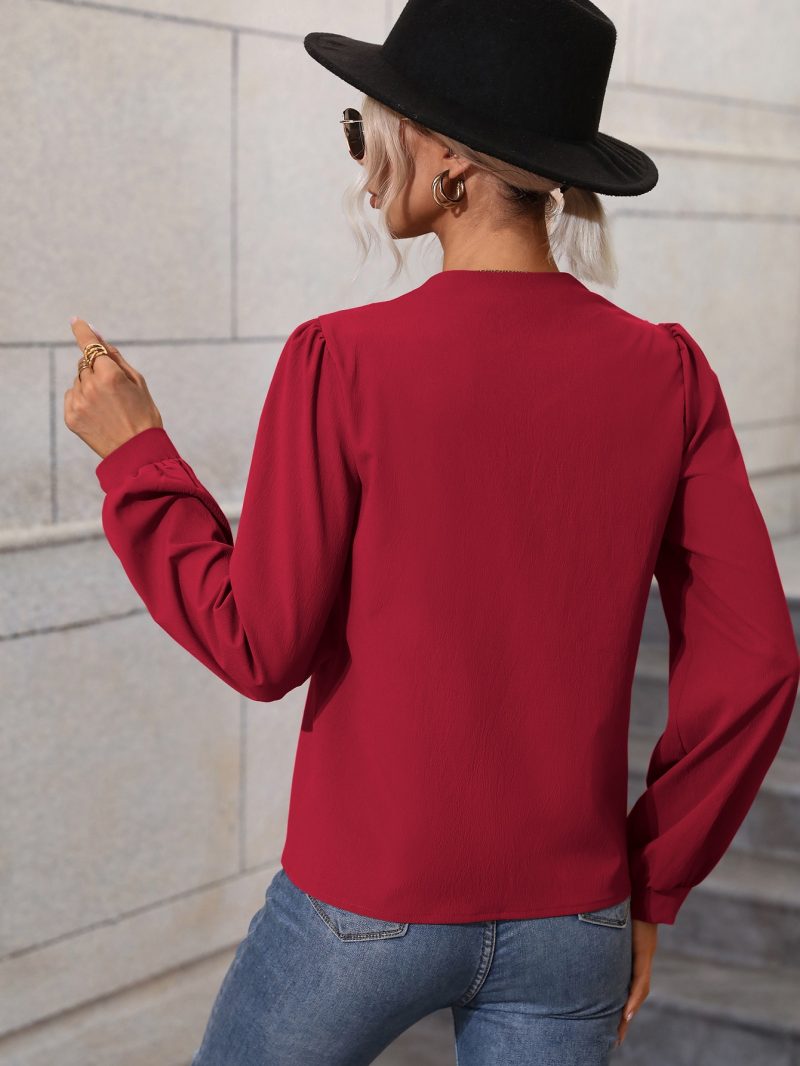 Women V Neck Long Sleeve Solid Color Elegant Regular Shirt - Image 2
