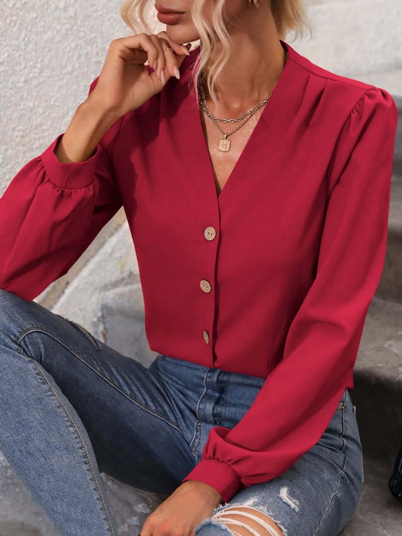 Women V Neck Long Sleeve Solid Color Elegant Regular Shirt - Image 3