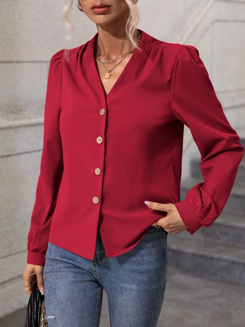 Women V Neck Long Sleeve Solid Color Elegant Regular Shirt - Image 4