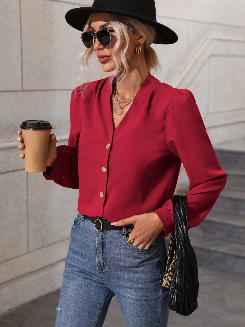 Women V Neck Long Sleeve Solid Color Elegant Regular Shirt - Image 5