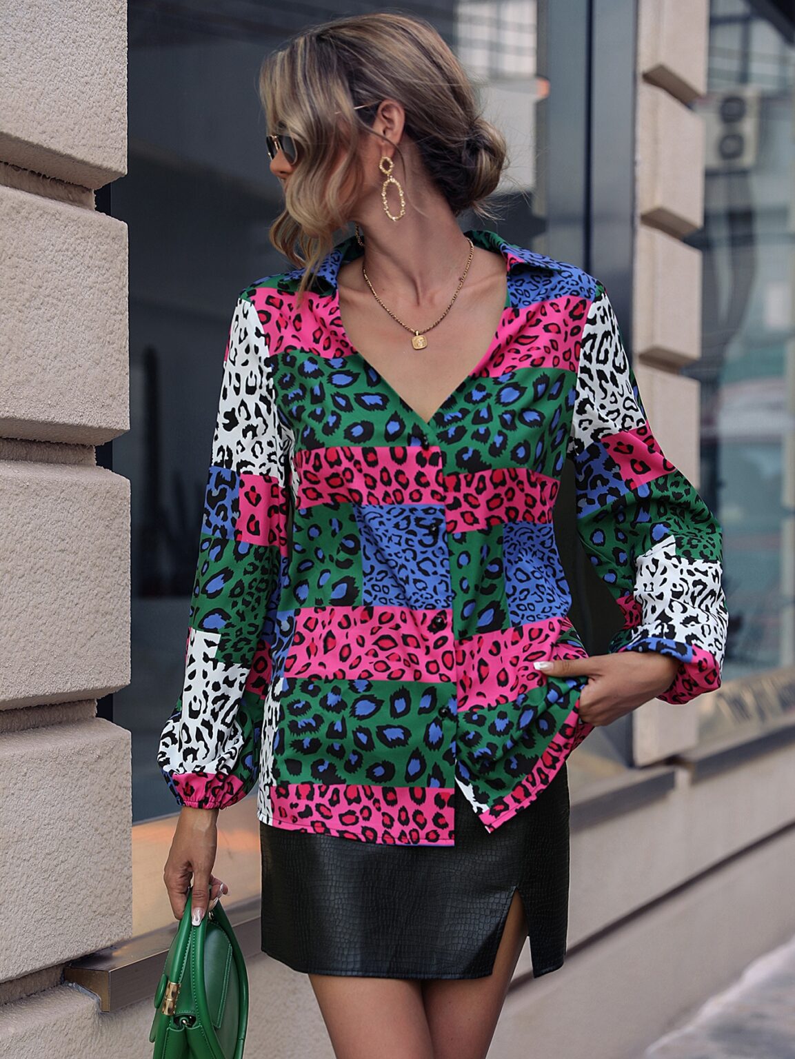 Women Collar Leopard Contrast Puff Sleeve Shirt - Image 3