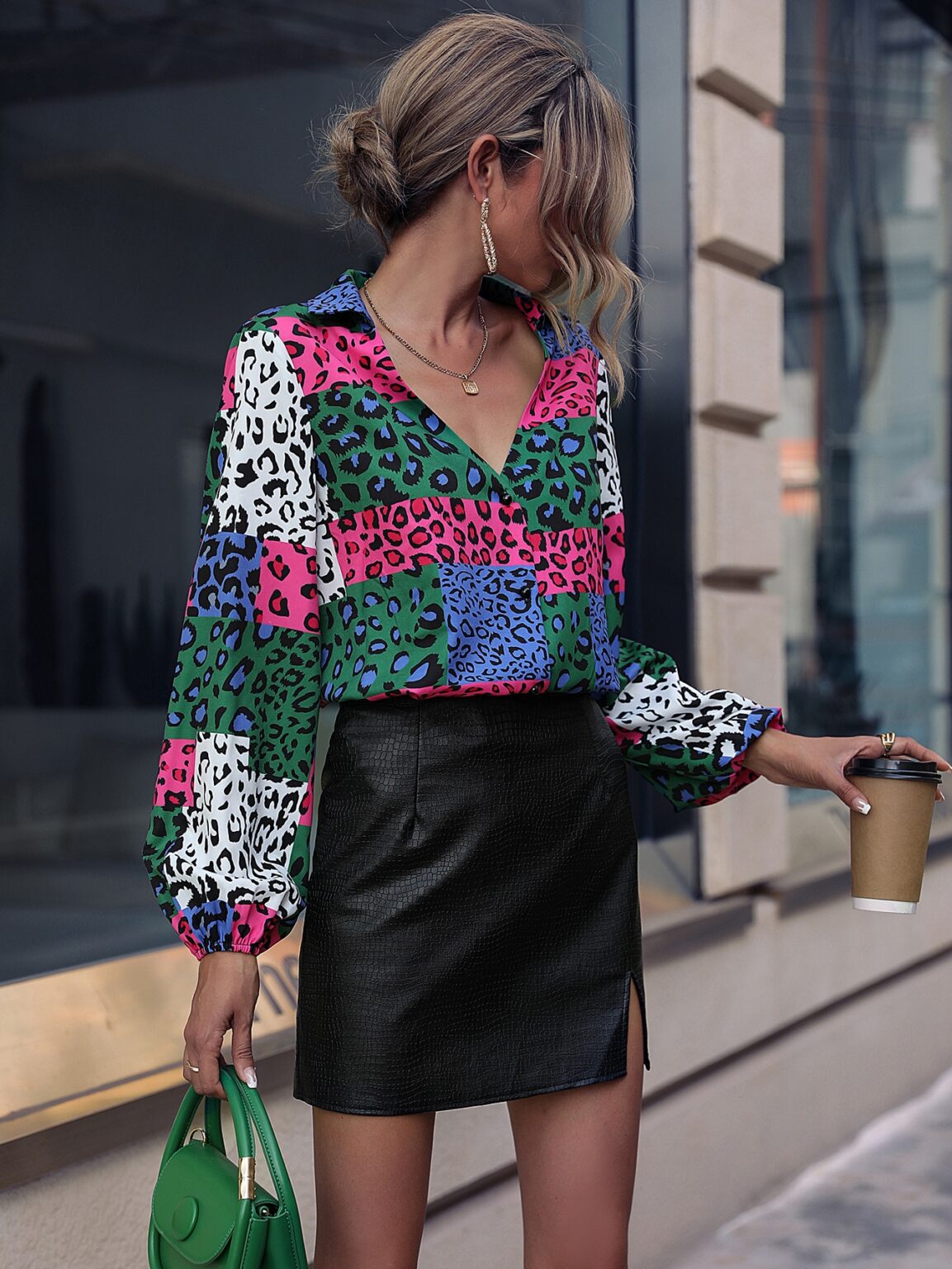 Women Collar Leopard Contrast Puff Sleeve Shirt - Image 5