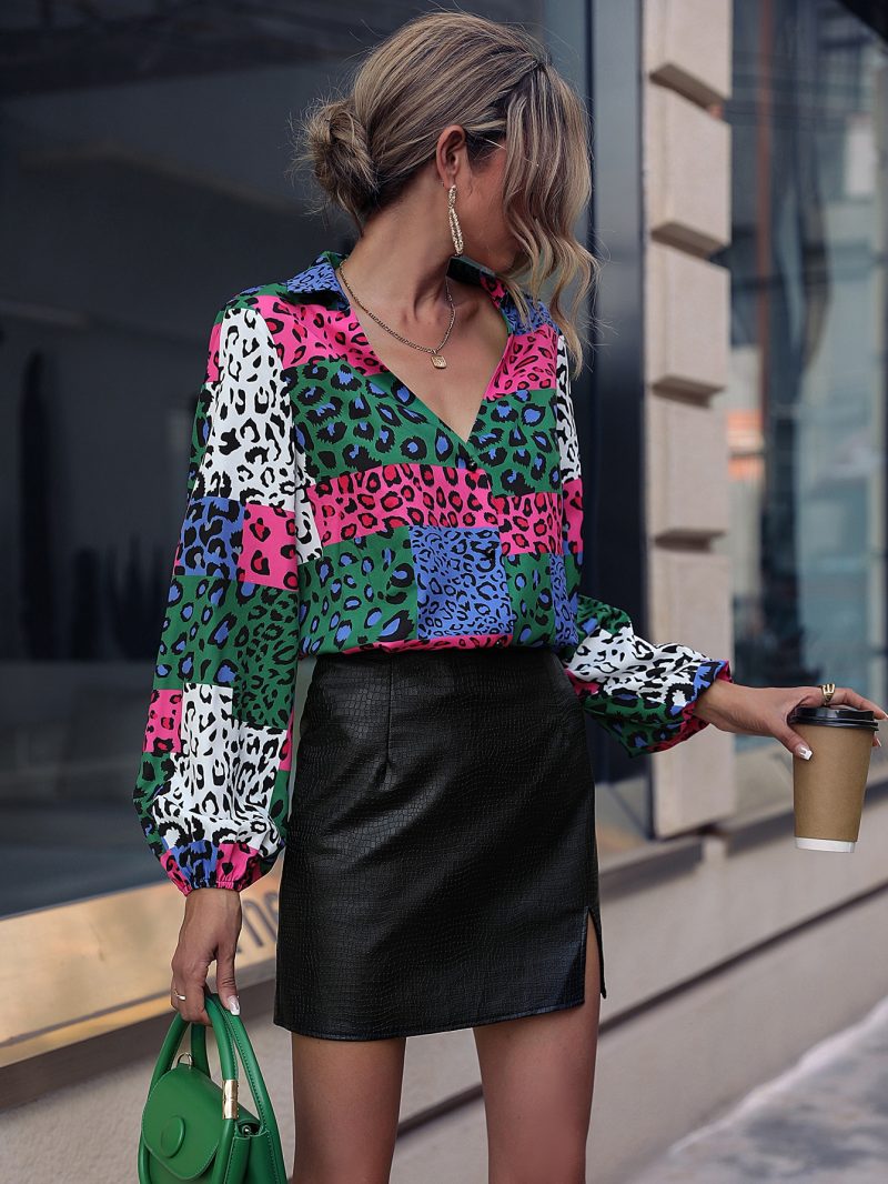 Women Collar Leopard Contrast Puff Sleeve Shirt - Image 5