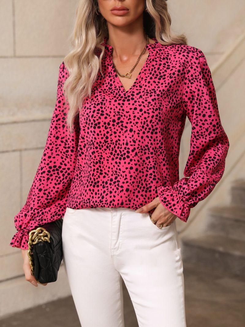 Women Spring Autumn Leopard Print Stand Collar Ruffled Lantern Sleeve Shirt - Image 2