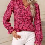 Women Spring Autumn Leopard Print Stand Collar Ruffled Lantern Sleeve Shirt - Image 3