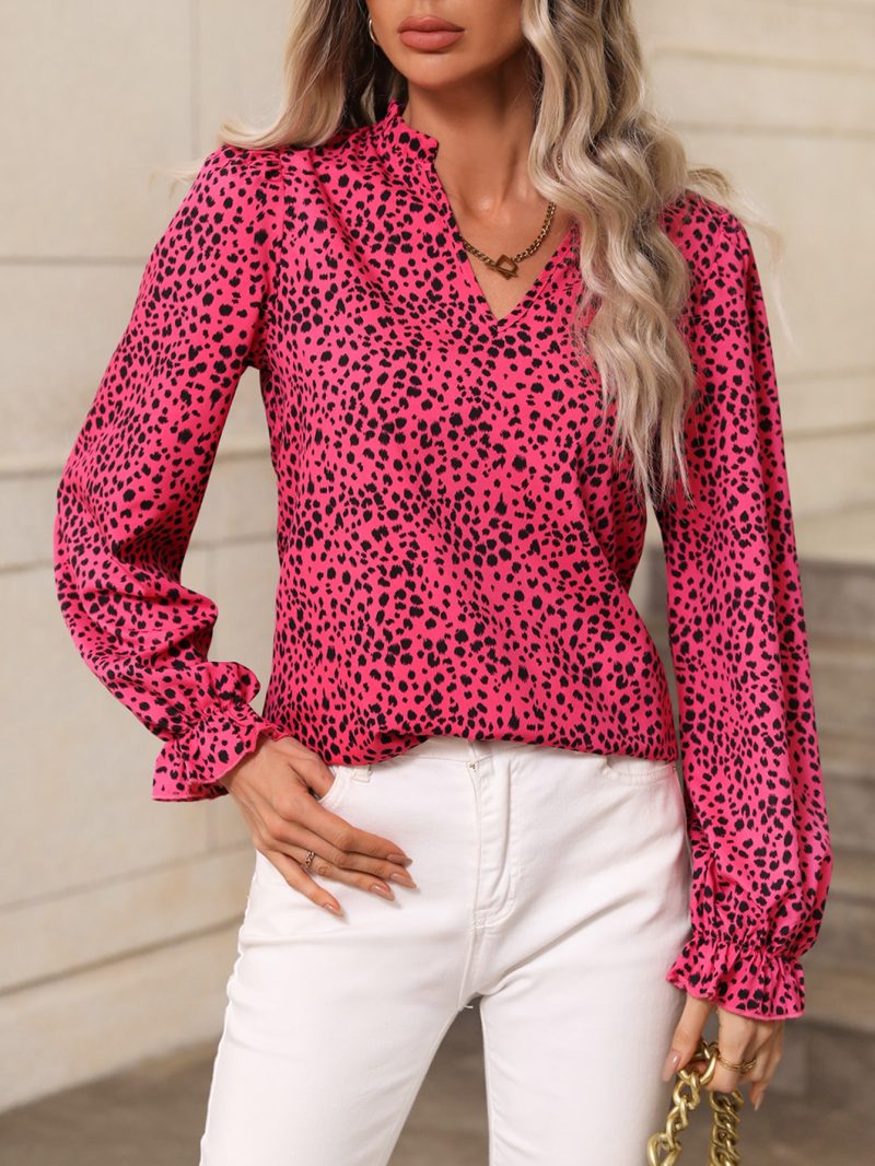 Women Spring Autumn Leopard Print Stand Collar Ruffled Lantern Sleeve Shirt - Image 3