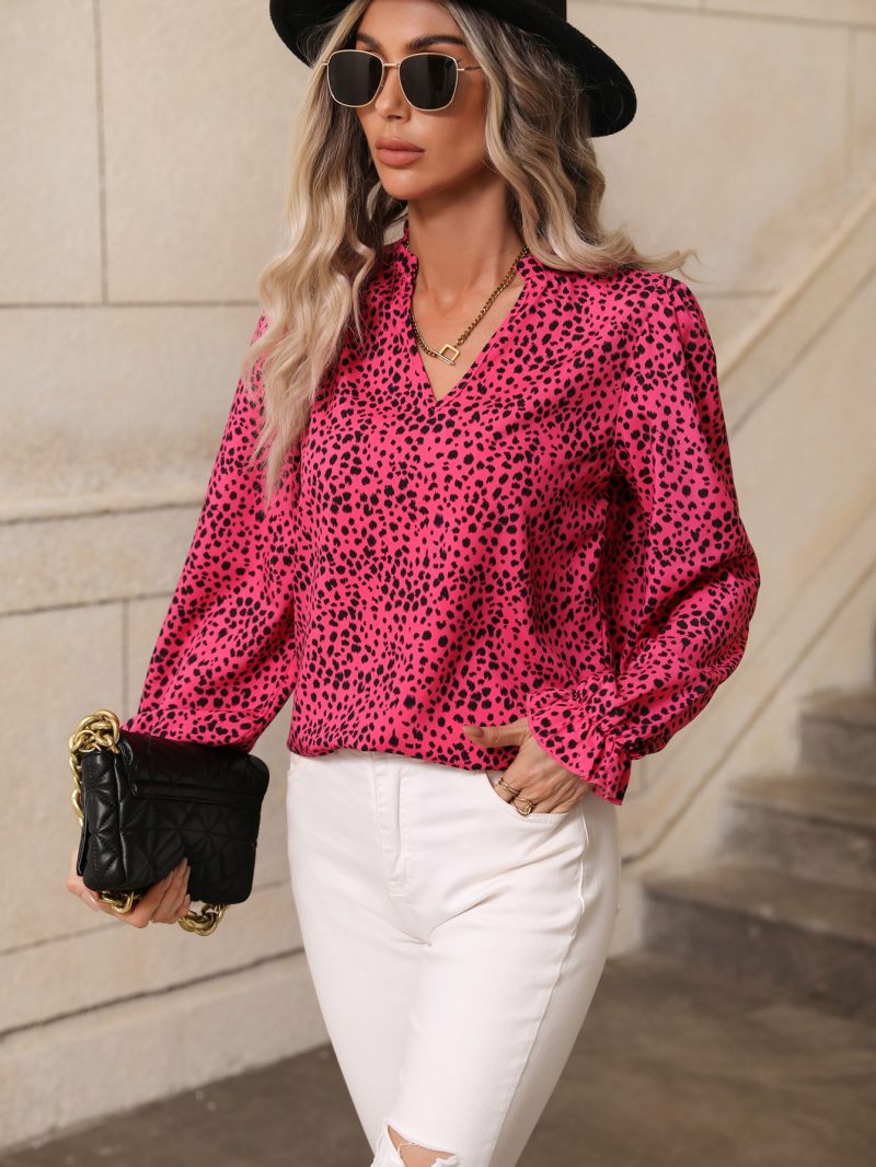 Women Spring Autumn Leopard Print Stand Collar Ruffled Lantern Sleeve Shirt - Image 4