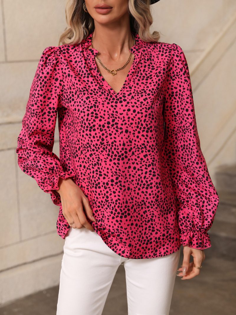 Women Spring Autumn Leopard Print Stand Collar Ruffled Lantern Sleeve Shirt - Image 5