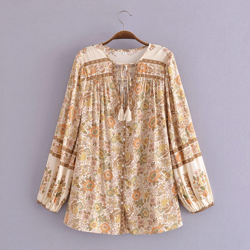 Autumn Women Clothing Rayon Positioning Floral Tassel Long Sleeve Shirt - Image 2