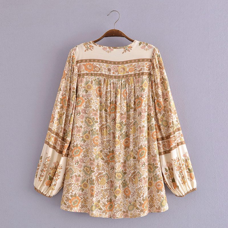 Autumn Women Clothing Rayon Positioning Floral Tassel Long Sleeve Shirt - Image 3