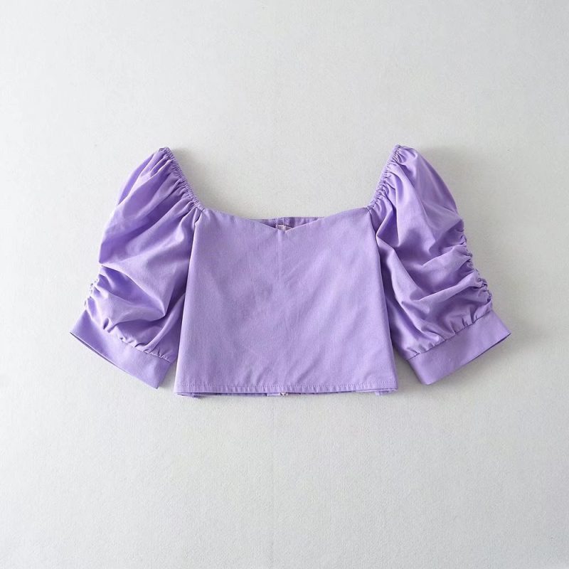 Puff Sleeve Loose Short Sleeve Casual Twisted Inner Pullover Backless Square Collar Slim Fit pirational Spaghetti Straps