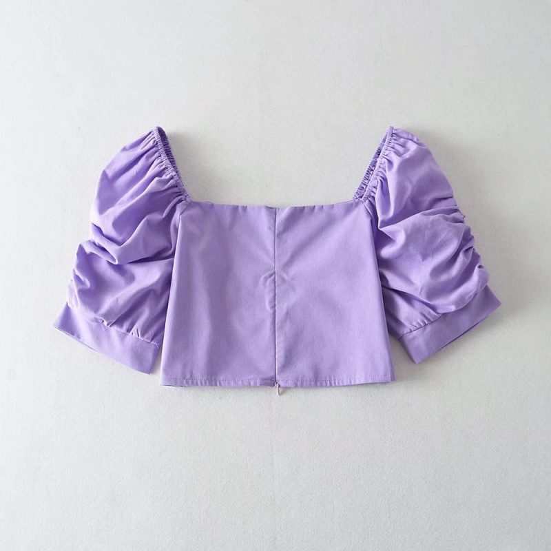 Puff Sleeve Loose Short Sleeve Casual Twisted Inner Pullover Backless Square Collar Slim Fit pirational Spaghetti Straps - Image 2