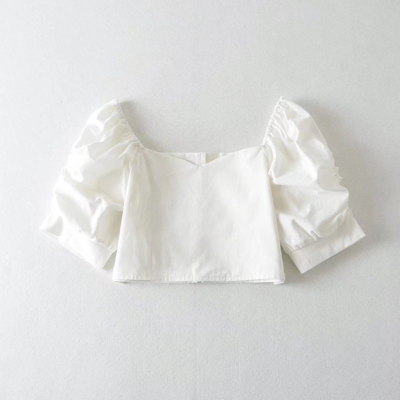 Puff Sleeve Loose Short Sleeve Casual Twisted Inner Pullover Backless Square Collar Slim Fit pirational Spaghetti Straps - Image 3