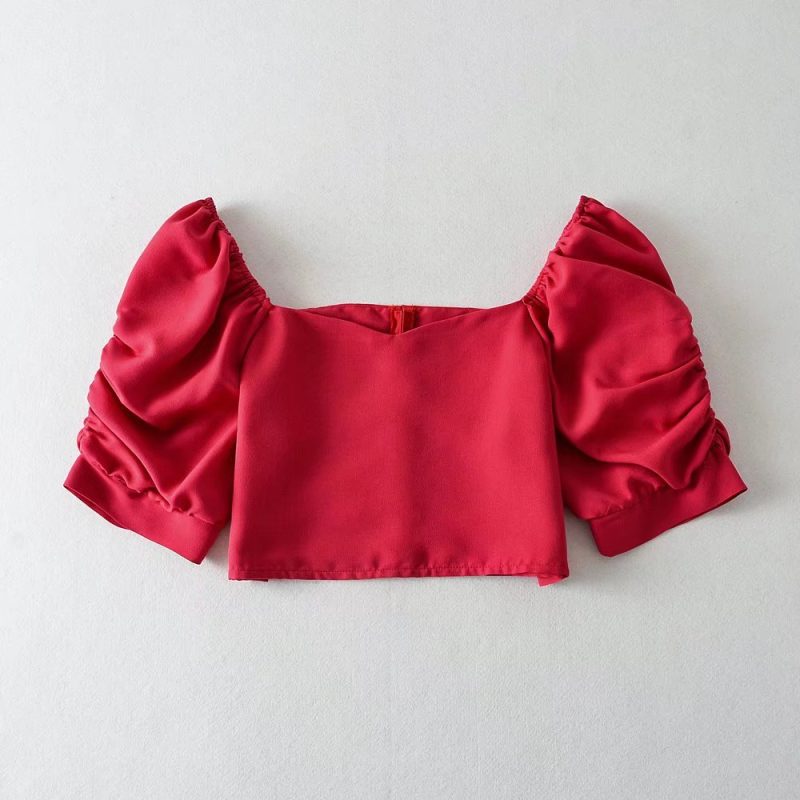 Puff Sleeve Loose Short Sleeve Casual Twisted Inner Pullover Backless Square Collar Slim Fit pirational Spaghetti Straps - Image 4