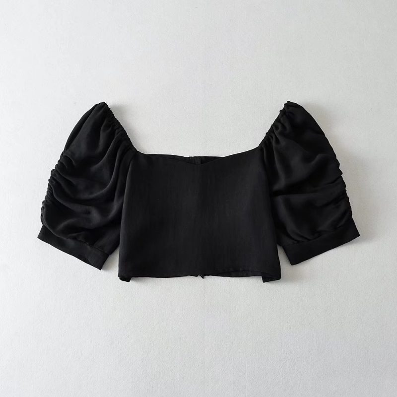Puff Sleeve Loose Short Sleeve Casual Twisted Inner Pullover Backless Square Collar Slim Fit pirational Spaghetti Straps - Image 5