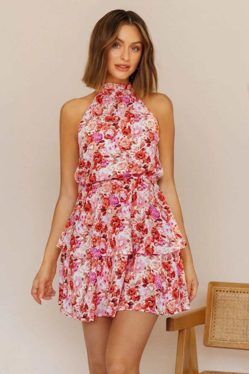 Women Summer Vacation Floral Ruffled Tiered A Line Tie Backless Dress - Image 2