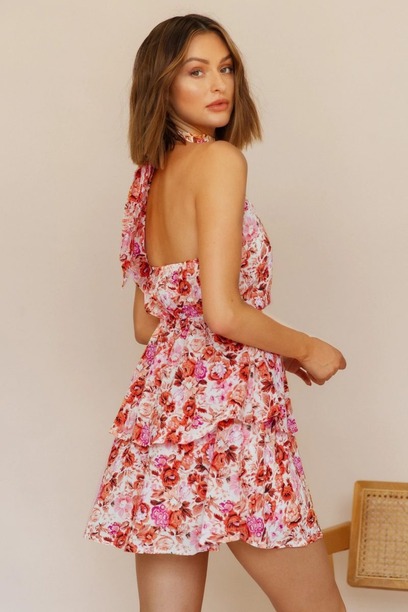 Women Summer Vacation Floral Ruffled Tiered A Line Tie Backless Dress - Image 3