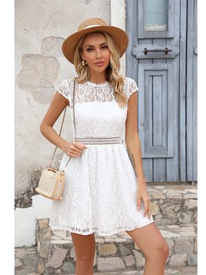 Women Summer Solid Daily Crew Neck Short Sleeve Lattice Trim Cutout Dress