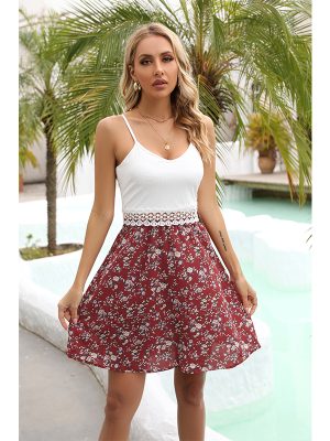 Women Summer V Neck Vacation Lattice Trim Patchwork Backless Cami Dress