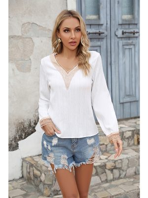 Women Spring Fall V Neck Solid Elegant Short Blouses