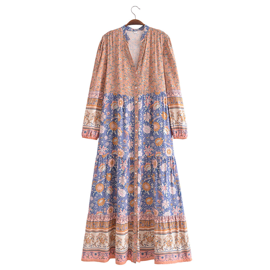 Spring Summer Rayon Positioning Floral V neck Maxi Dress - Image 4