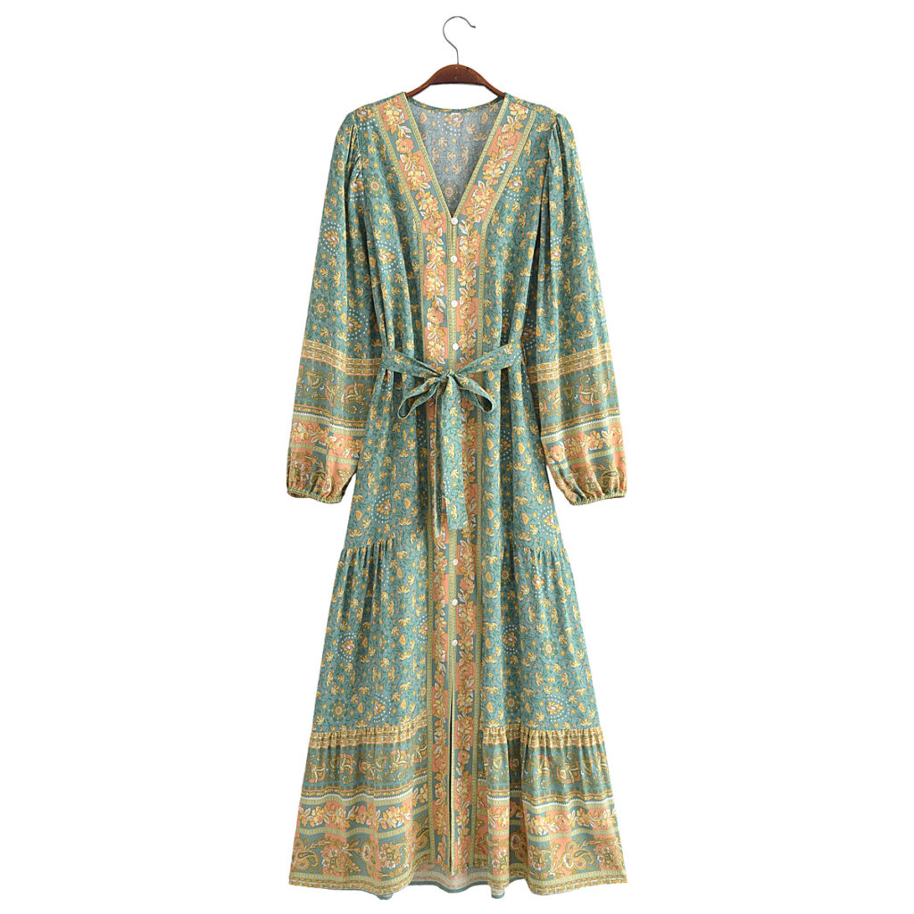 Autumn Casual Women Printed Cardigan Long Sleeve Belt Dress - Image 2