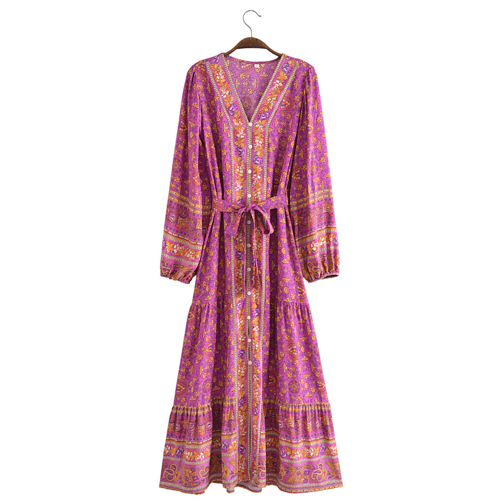 Autumn Casual Women Printed Cardigan Long Sleeve Belt Dress - Image 4