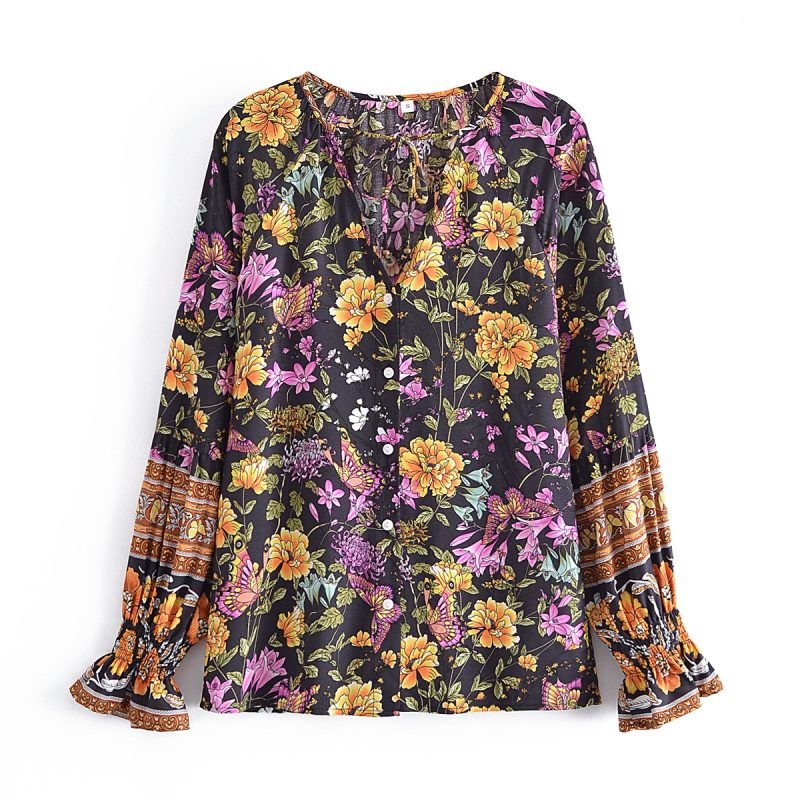 Women Clothing Vintage Loose Collared Long Sleeves Floral Print Shirt - Image 2