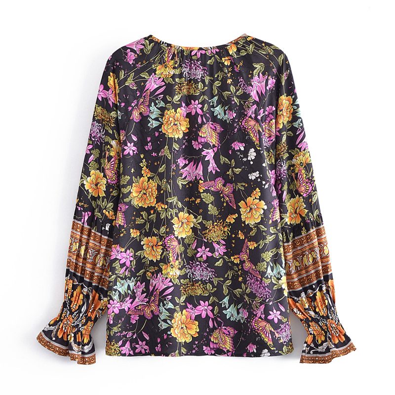 Women Clothing Vintage Loose Collared Long Sleeves Floral Print Shirt - Image 3