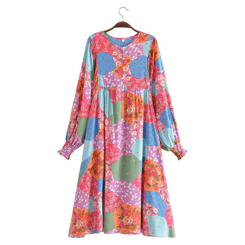 Autumn Casual Women Printed Pullover round Neck Loose Maxi Dress - Image 2