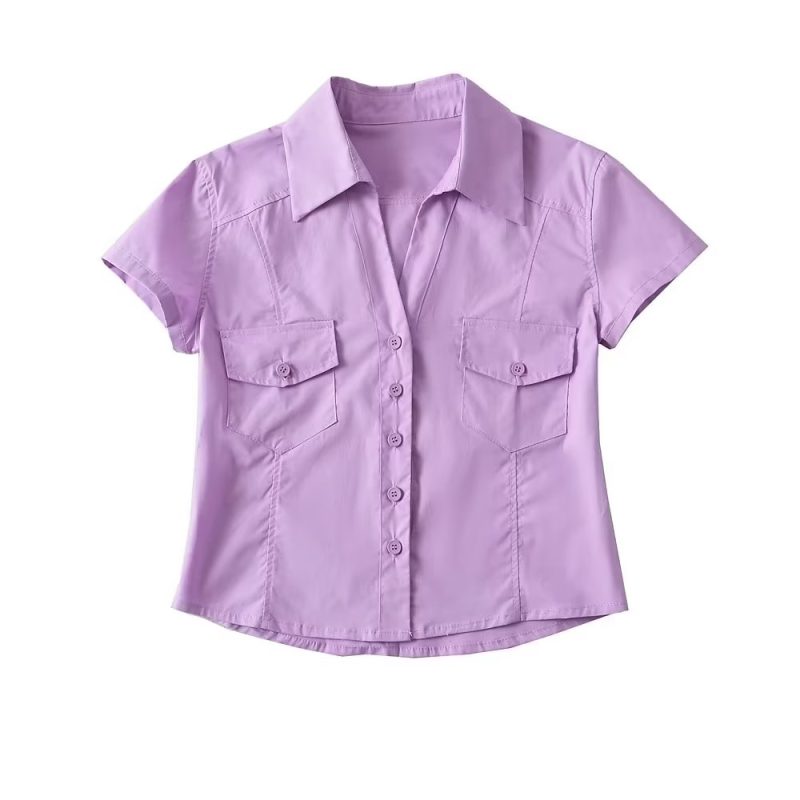Double Pocket Collared Shirt  Women Retro College Slim Fit Figure Flattering Short Sleeve Top Summer - Image 2