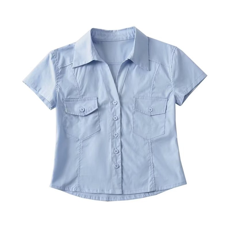 Double Pocket Collared Shirt  Women Retro College Slim Fit Figure Flattering Short Sleeve Top Summer - Image 3