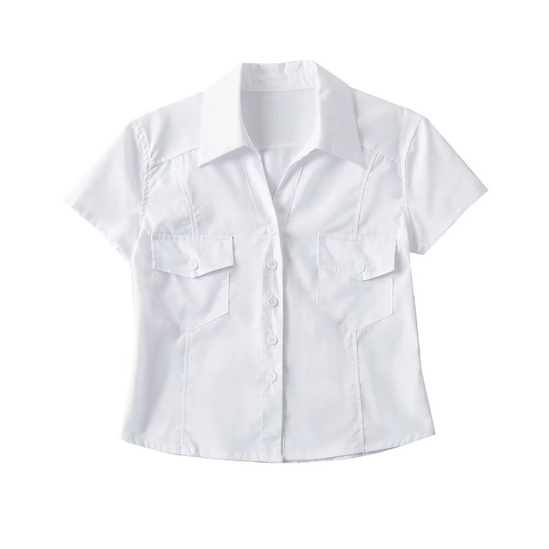 Double Pocket Collared Shirt  Women Retro College Slim Fit Figure Flattering Short Sleeve Top Summer - Image 4