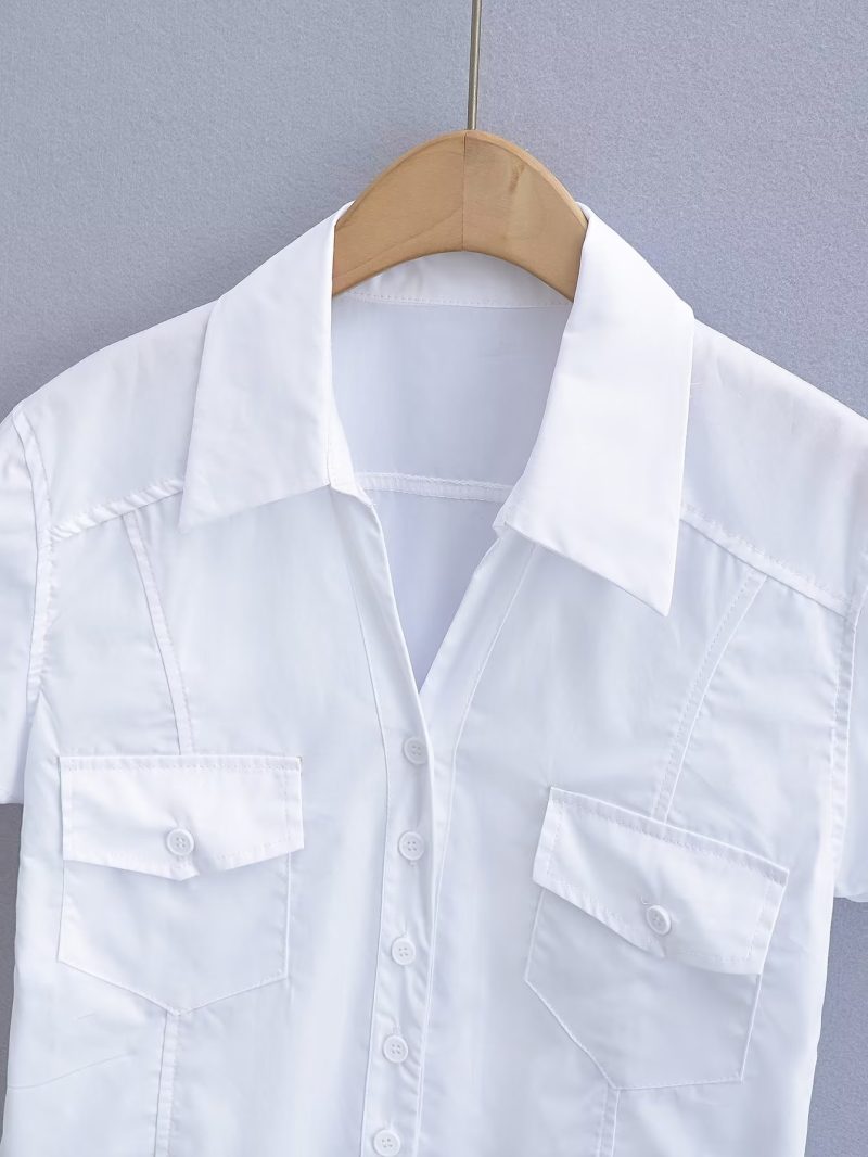 Double Pocket Collared Shirt  Women Retro College Slim Fit Figure Flattering Short Sleeve Top Summer - Image 6