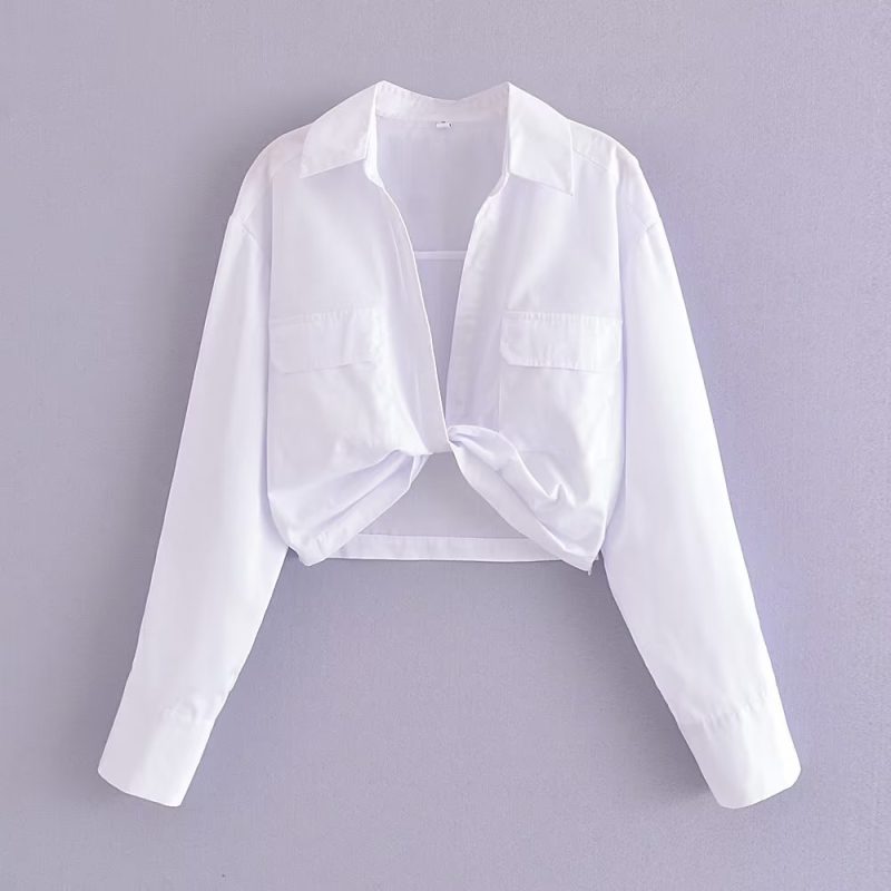 Winter Women Clothing Polo Collar Solid Color Double Pocket Knotted Short Long Sleeve - Image 2