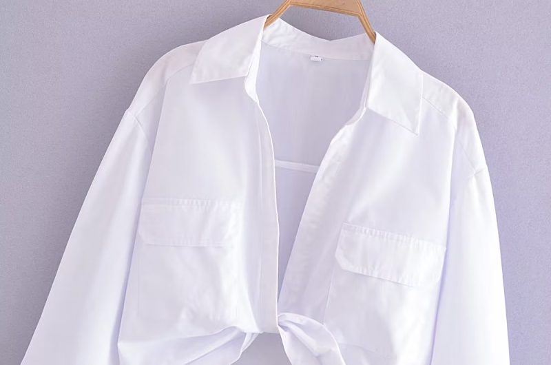 Winter Women Clothing Polo Collar Solid Color Double Pocket Knotted Short Long Sleeve - Image 3
