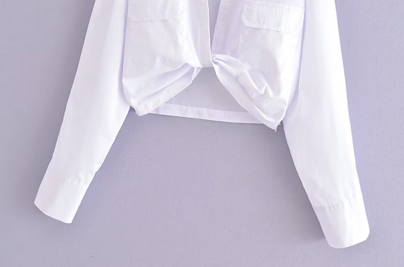 Winter Women Clothing Polo Collar Solid Color Double Pocket Knotted Short Long Sleeve - Image 4