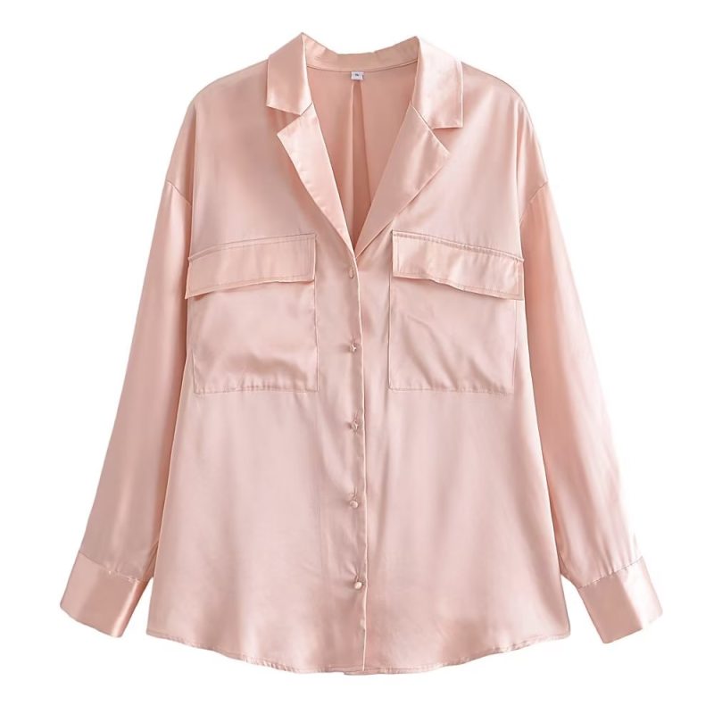 Autumn Women Clothing Patch Pocket Silk Satin Texture Loose Design Shirt Women - Image 2