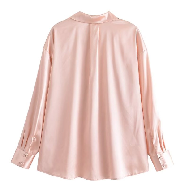 Autumn Women Clothing Patch Pocket Silk Satin Texture Loose Design Shirt Women - Image 3