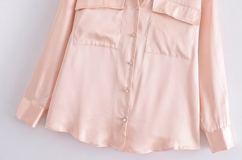 Autumn Women Clothing Patch Pocket Silk Satin Texture Loose Design Shirt Women - Image 9