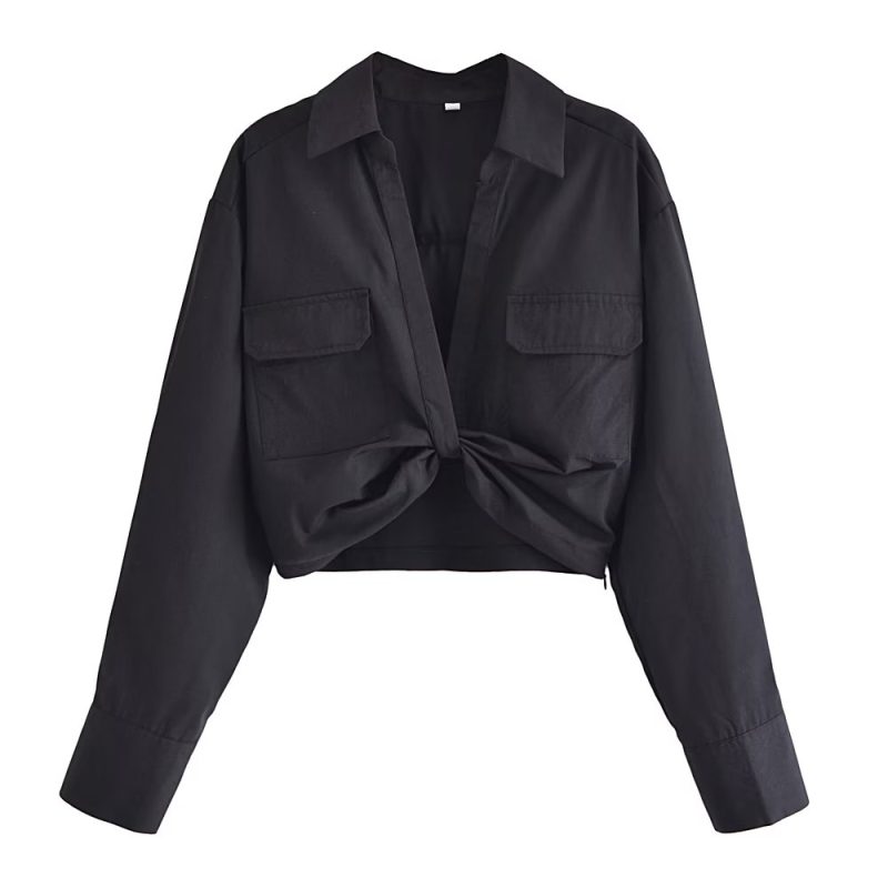 Winter Women Clothing Polo Collar Solid Color Double Pocket Decorative Knotted Short Long Sleeve Shirt - Image 2