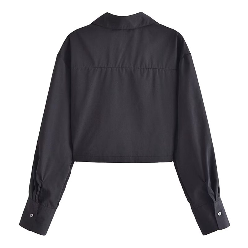 Winter Women Clothing Polo Collar Solid Color Double Pocket Decorative Knotted Short Long Sleeve Shirt - Image 3