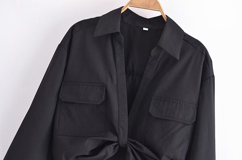 Winter Women Clothing Polo Collar Solid Color Double Pocket Decorative Knotted Short Long Sleeve Shirt - Image 4