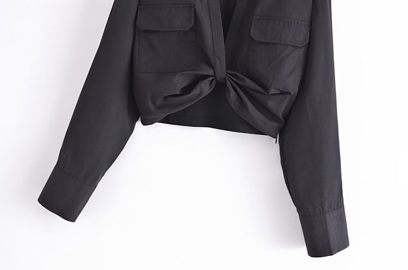 Winter Women Clothing Polo Collar Solid Color Double Pocket Decorative Knotted Short Long Sleeve Shirt - Image 5
