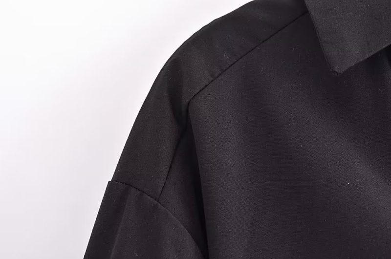 Winter Women Clothing Polo Collar Solid Color Double Pocket Decorative Knotted Short Long Sleeve Shirt - Image 6
