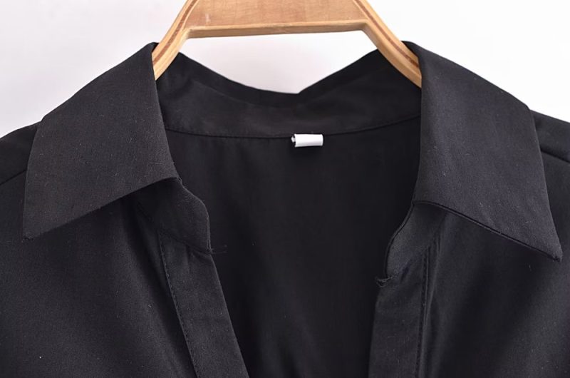 Winter Women Clothing Polo Collar Solid Color Double Pocket Decorative Knotted Short Long Sleeve Shirt - Image 7