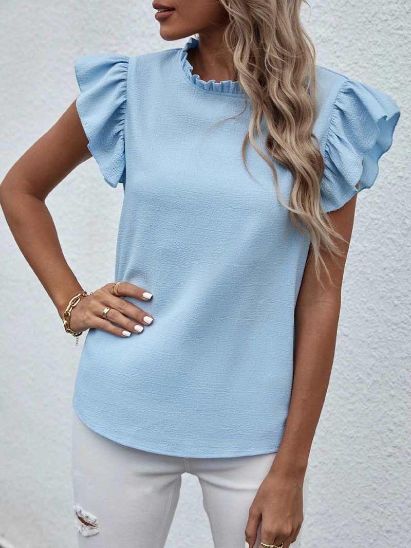 Spring Summer Casual Ruffled Vest Sweet Round Neck Women Shirt - Image 4