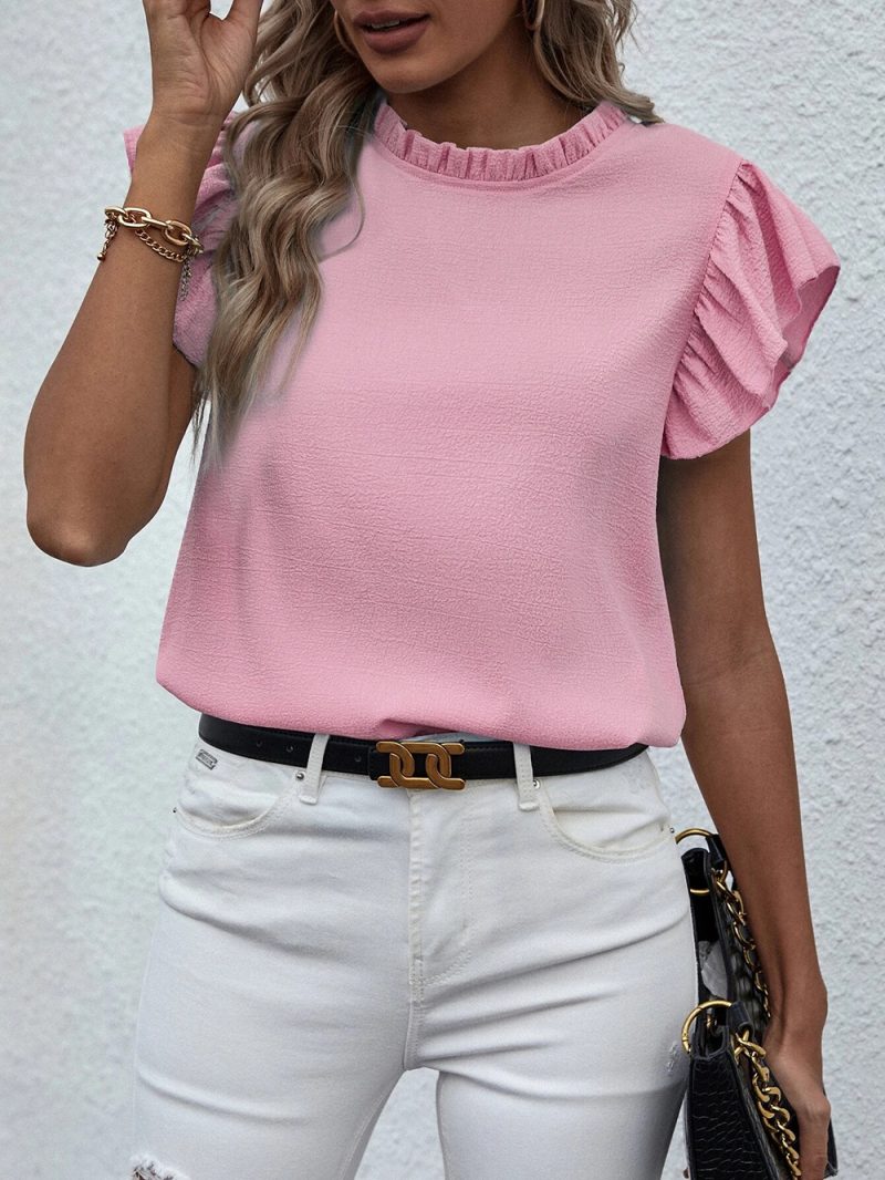 Spring Summer Casual Ruffled Vest Sweet Round Neck Women Shirt - Image 6