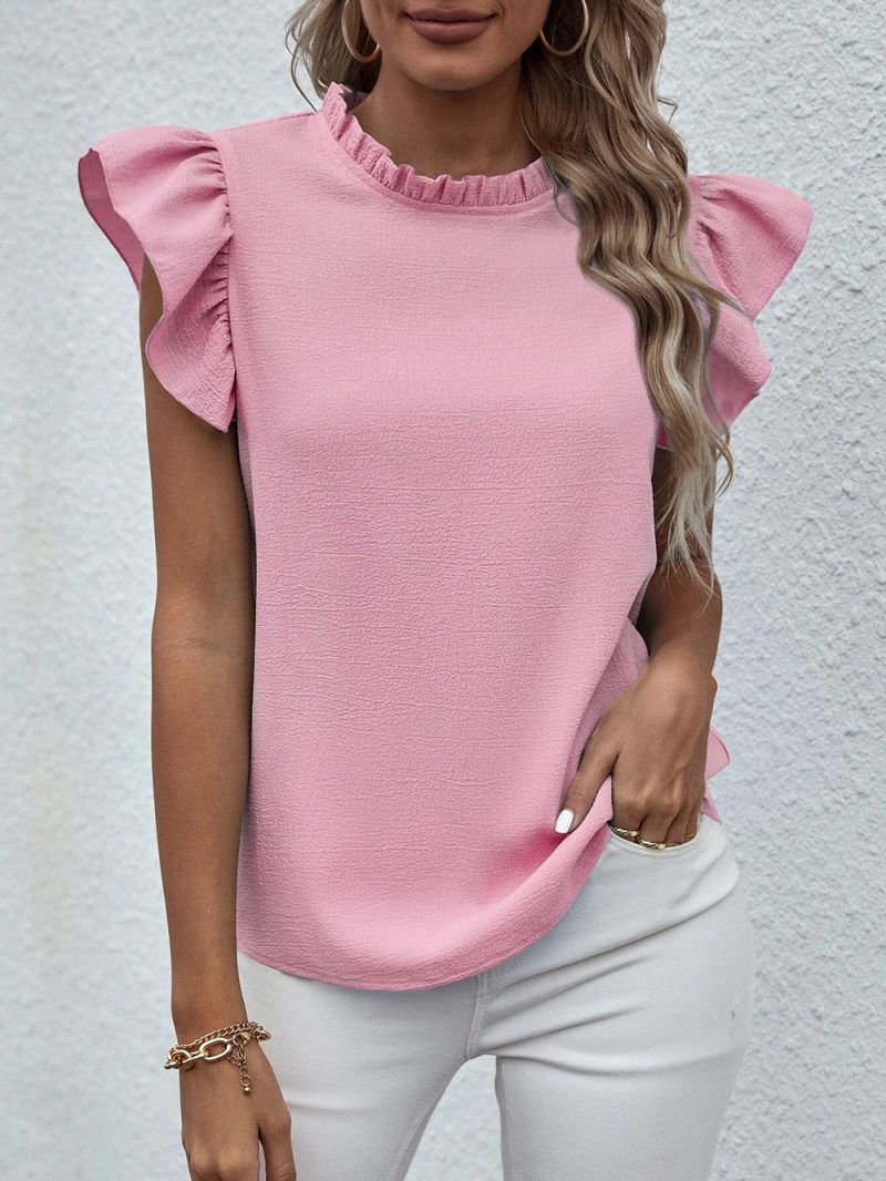 Spring Summer Casual Ruffled Vest Sweet Round Neck Women Shirt - Image 7