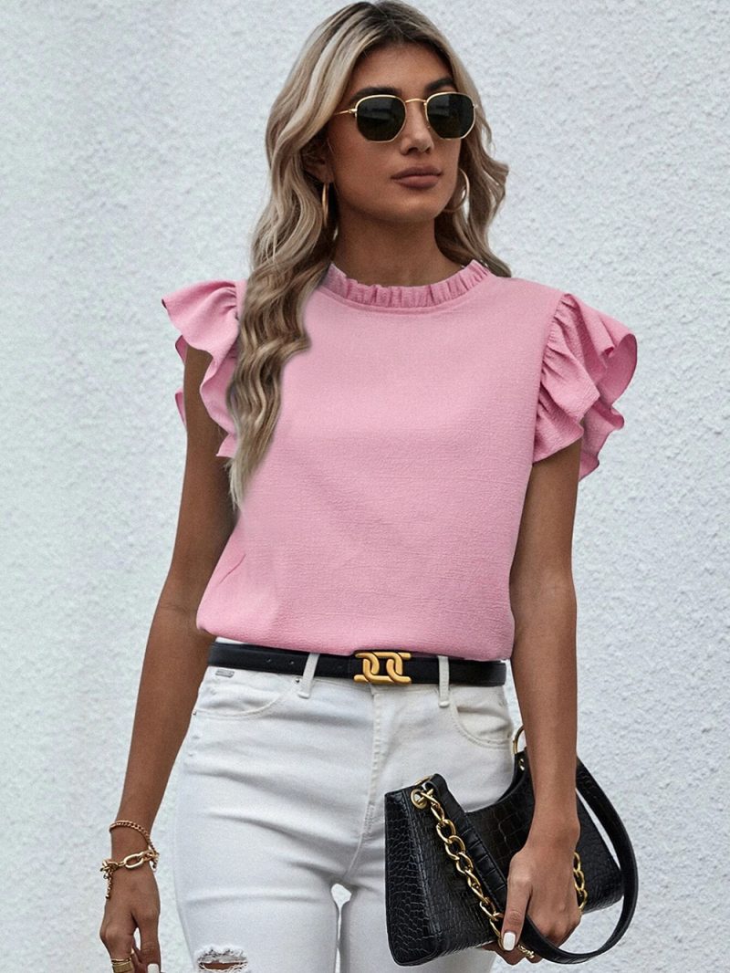 Spring Summer Casual Ruffled Vest Sweet Round Neck Women Shirt - Image 8